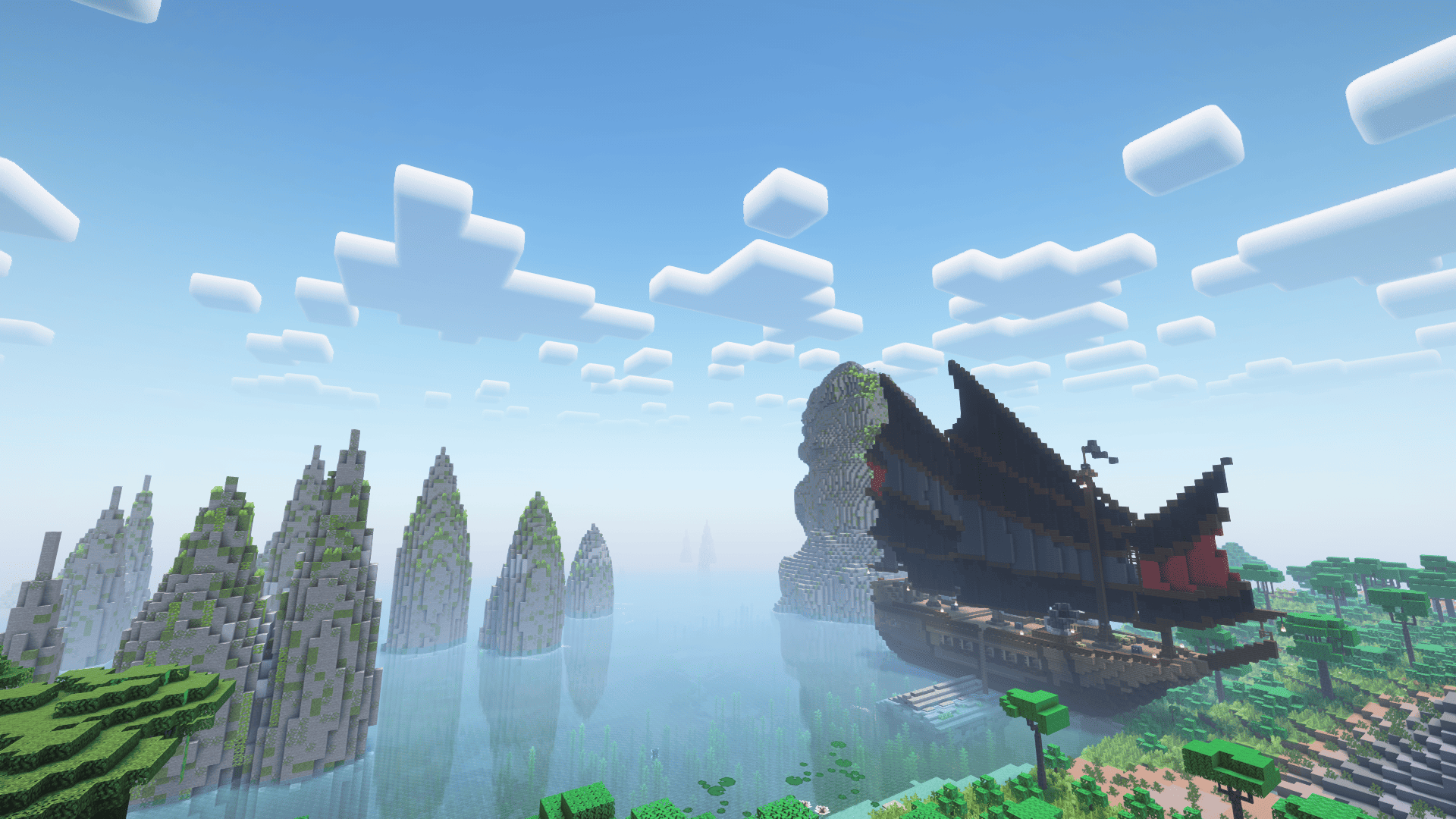 Navio e montanhas em Minecraft