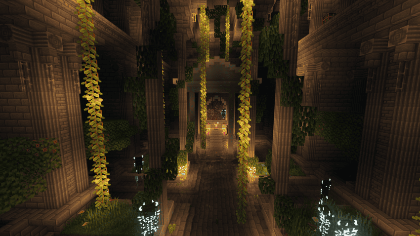 Templo coberto por vegetação em Minecraft